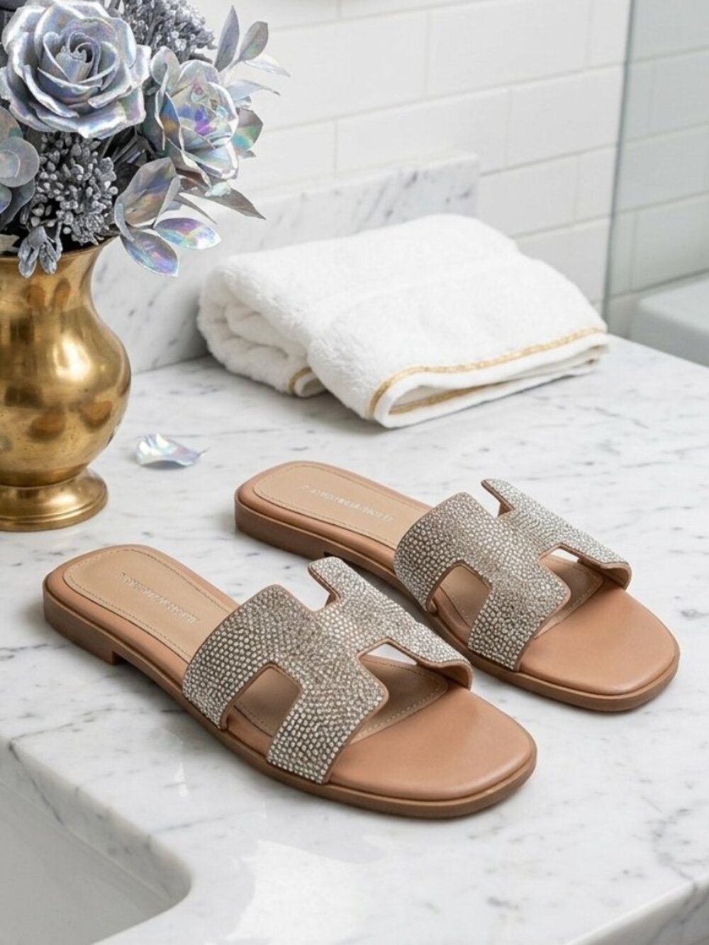 Streetwear Society Rhinestone H-Strap Slide Sandals - Size 7 / 38